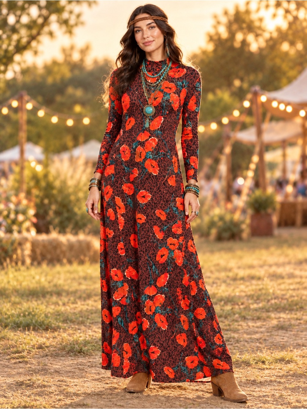 Free People Maxi Dress Red Floral Leopard Festival Boho Keyhole Back Size S